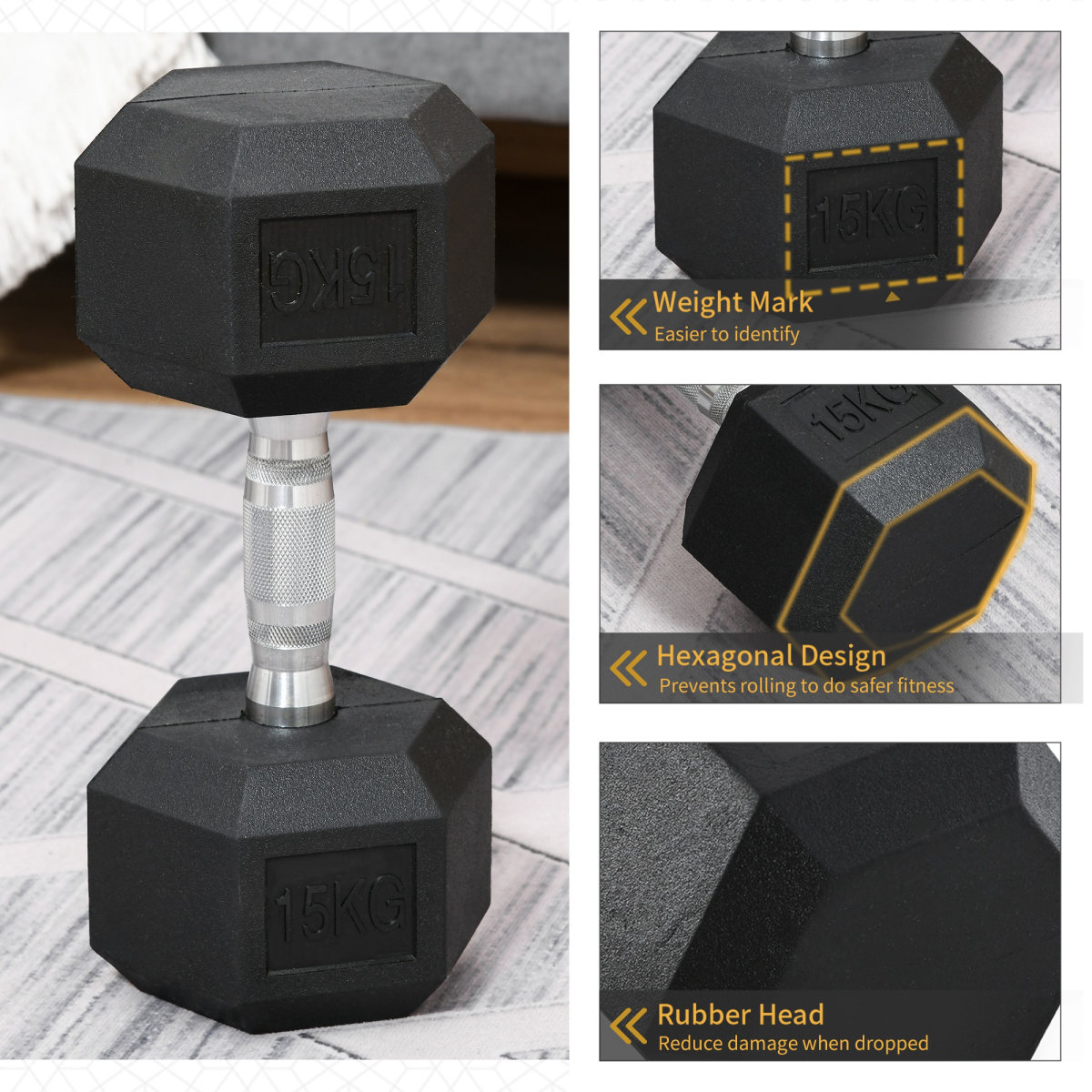 HOMCOM 15kg Single Rubber Hex Dumbbell with Knurled Steel Handle – Home Gym Hand Weight for Strength Training