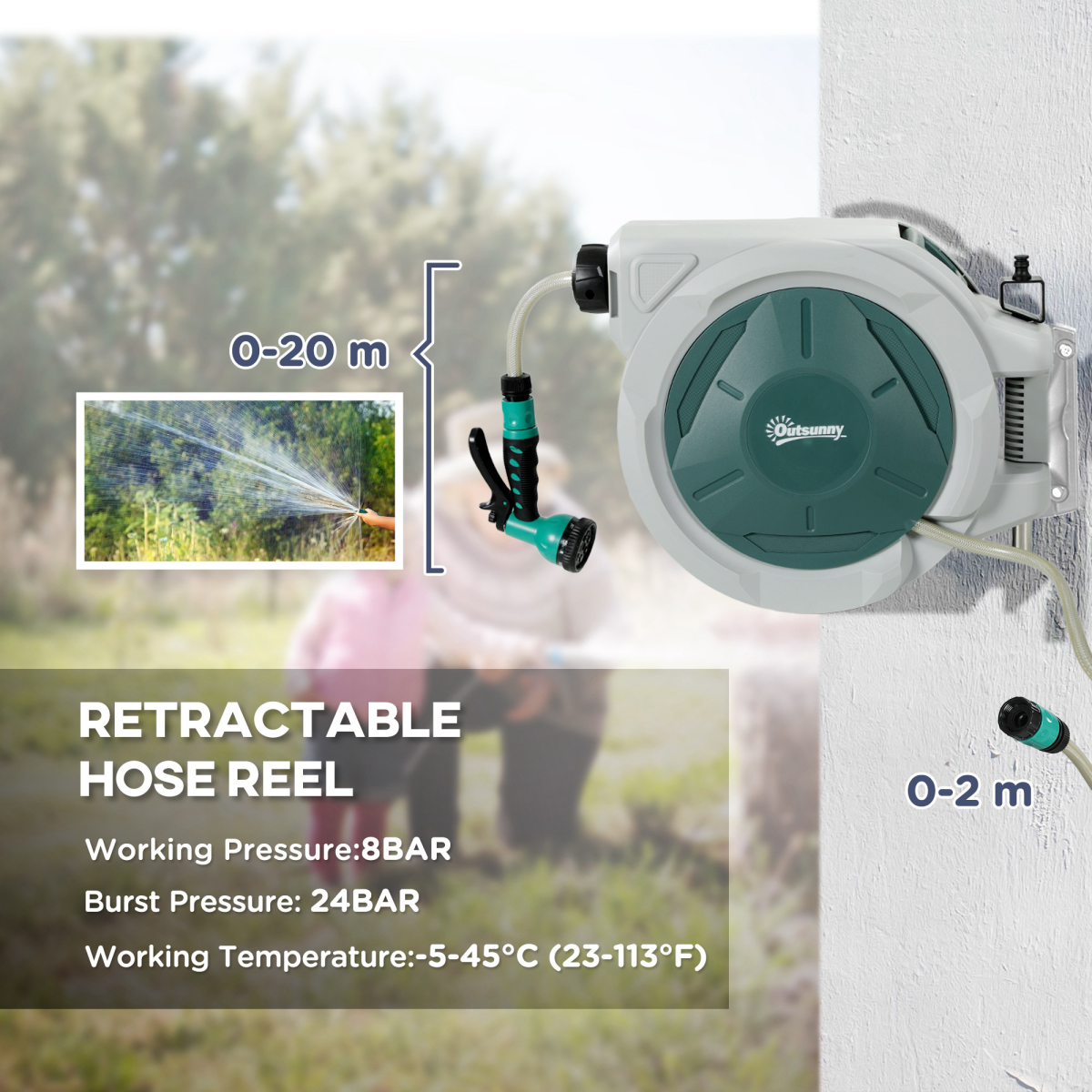 Outsunny 20m Retractable Garden Hose Reel with Lock, Wall Mounted – 7 Watering Patterns, Light Grey