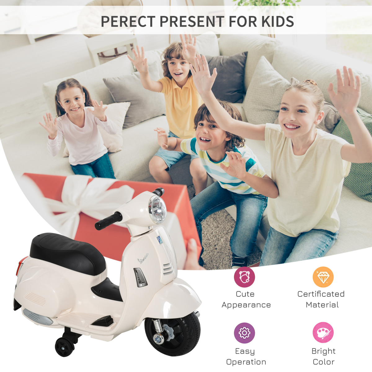 Vespa Licensed Kids Ride-On Motorcycle with Headlight and Horn – 6V Battery Toy, Ages 18-36 Months
