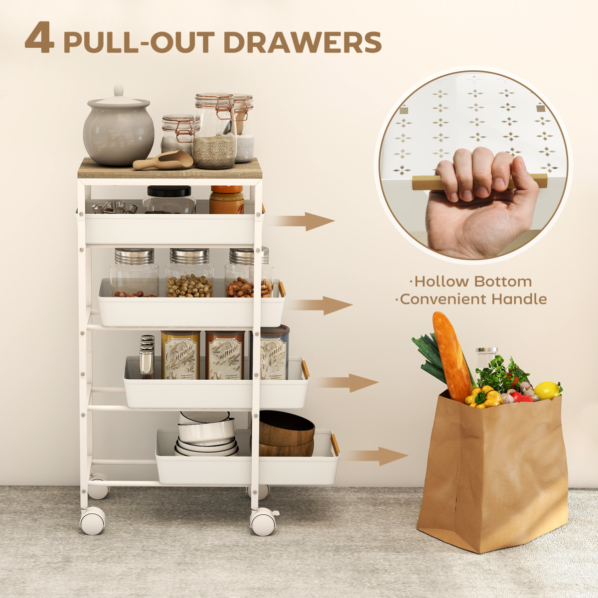 Slim 5-Tier Storage Trolley with 4 Drawers and Wheels – Rolling Organiser Cart, White and Oak