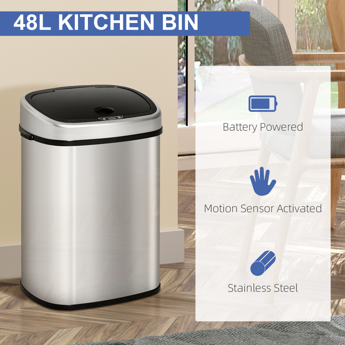 HOMCOM 48L Touchless Automatic Sensor Bin with Mirror Stainless Steel Finish – Hygienic Kitchen Waste Bin