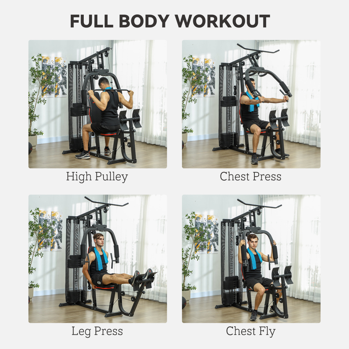 SPORTNOW Compact Multi Gym with 45kg Weight Stack, High Pulley, Chest Station & Leg Press – Home Gym Machine, Black