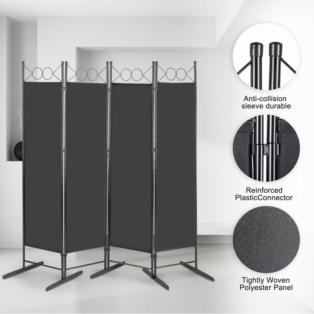4-Panel Folding Room Divider Screen, 164 x 175cm – Black Carbon Steel Frame with Polyester Fabric