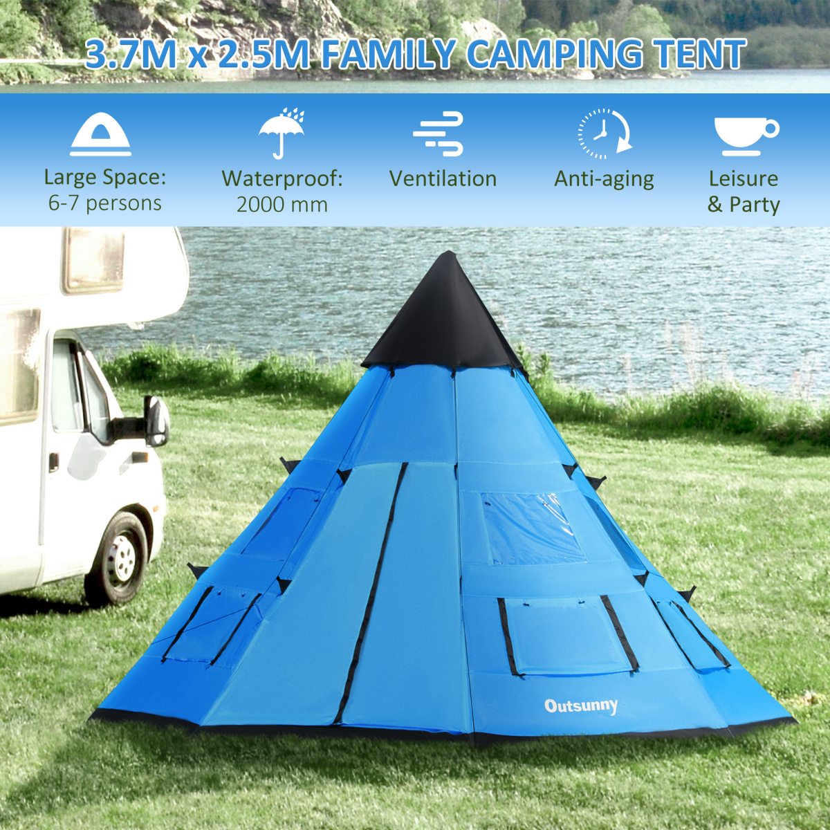 Outsunny 6-7 Person Large Tipi Family Camping Tent with Mesh Windows & Carry Bag – Festival and Party Tent