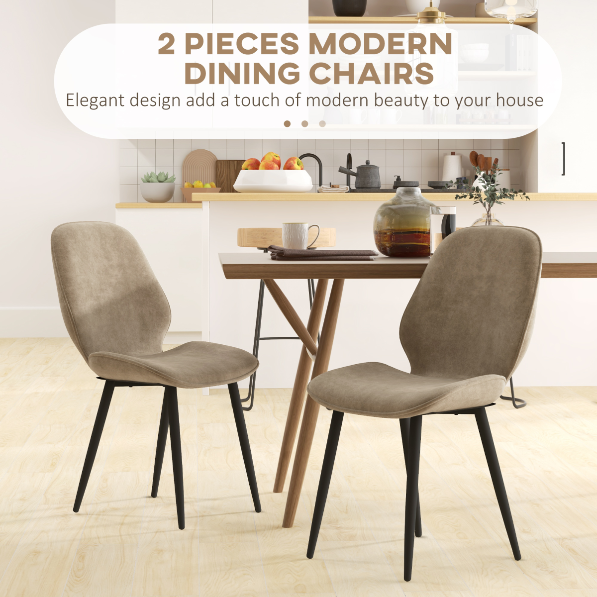 HOMCOM Upholstered Dining Chairs Set of 2 with Padded Seat & Metal Legs – Brown