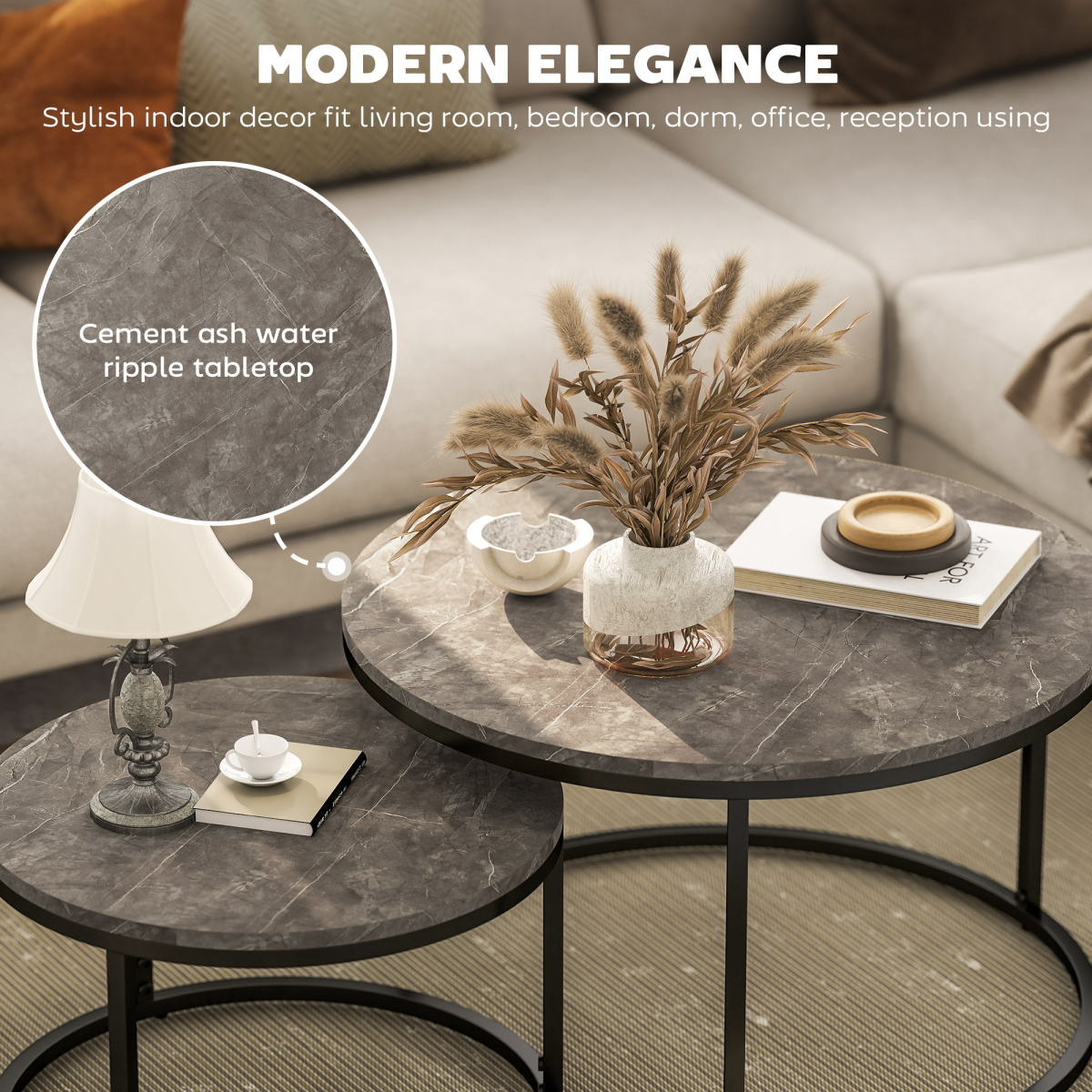 HOMCOM Set of 2 Stacking Coffee Tables with Steel Frame & Marble-Effect Round Tops – Nest of Tables