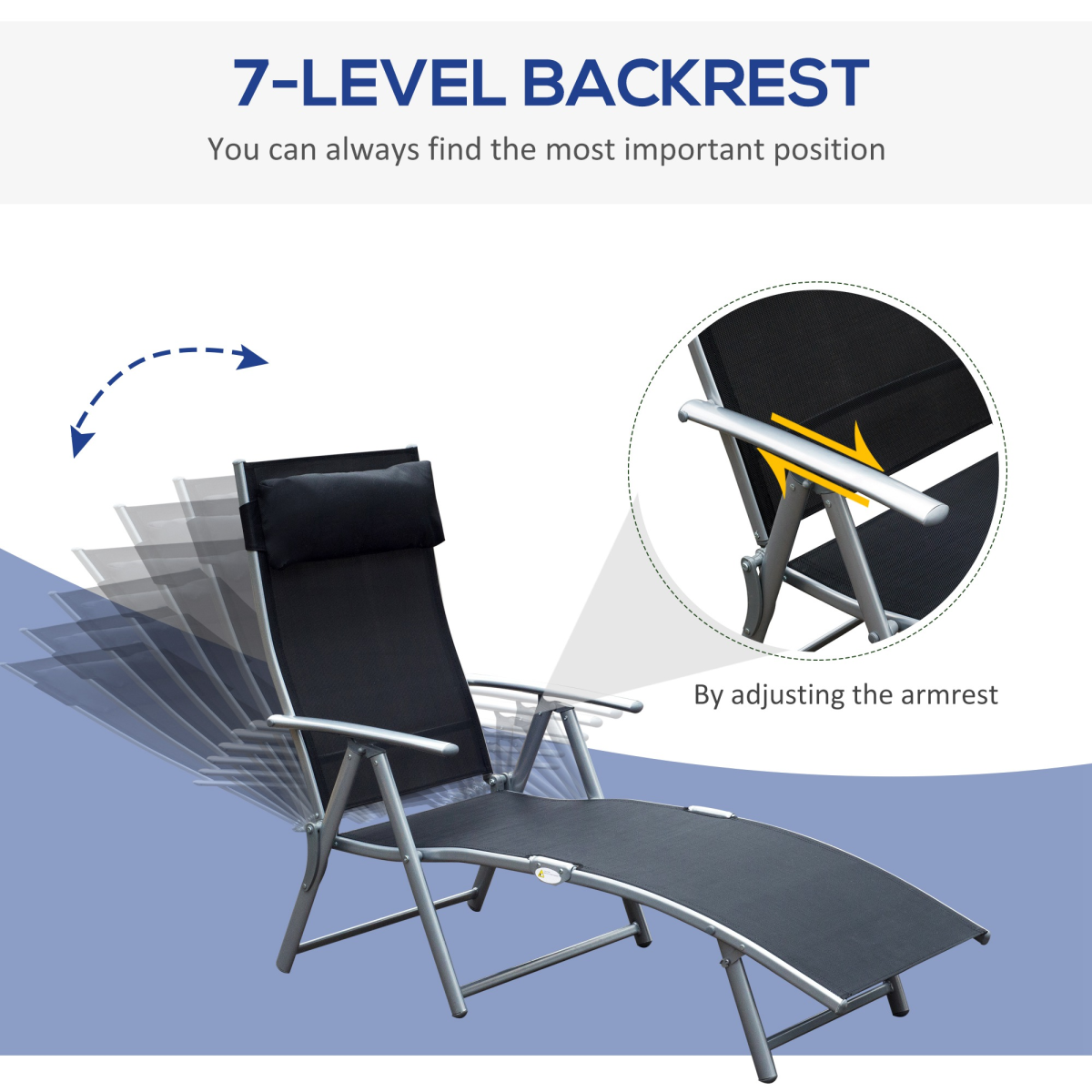 Outsunny Foldable 7-Position Textilene Sun Lounger with Pillow – Reclining Garden Chair, Black