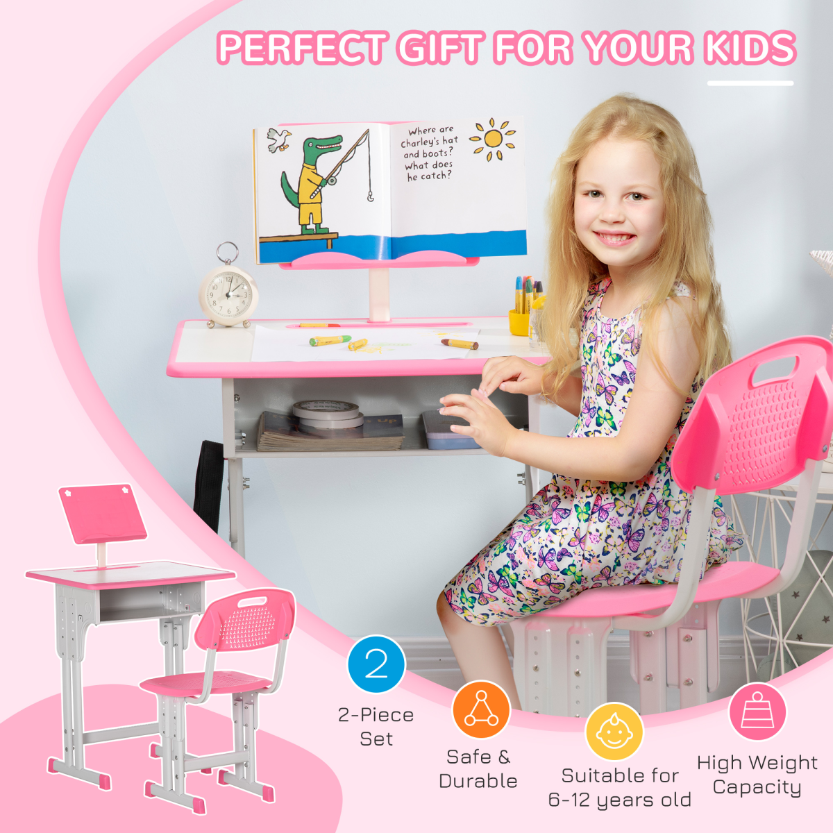 HOMCOM Kids Desk and Chair Set with Drawer, Book Stand & Cup Holder – Height Adjustable Study Table, Pink