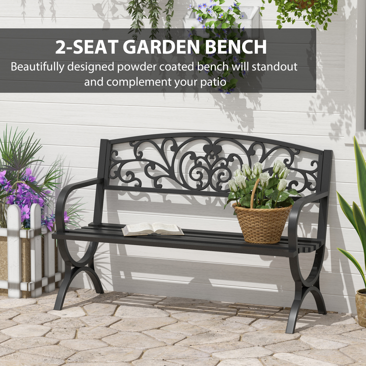 Outsunny Steel Garden Bench, 2-Seater Outdoor Seating with Decorative Backrest – Patio & Garden Furniture, Black