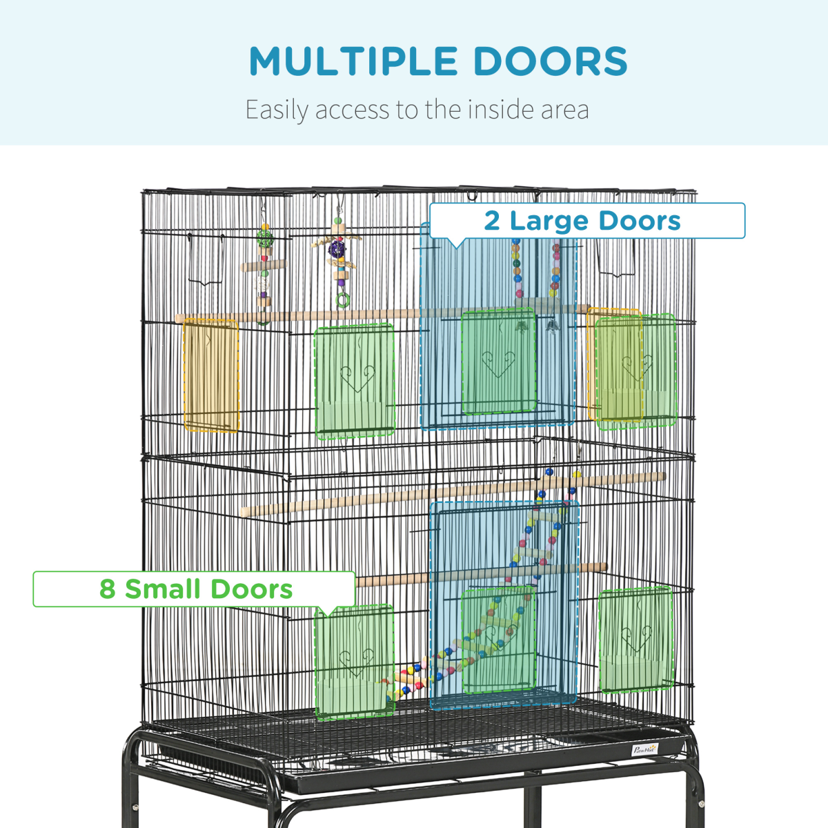 PawHut Bird Cage with Stand, Wheels, Toys & Swing – Steel Cage for Budgies, Finches, Canaries & Parakeets