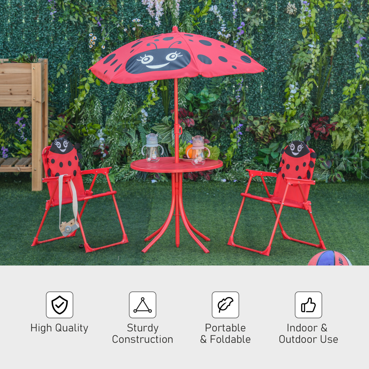 Kids Folding Picnic Table and Chair Set with Parasol – Four-Piece Outdoor Garden Set, Ladybird Design