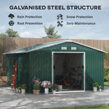 Outsunny 13ft x 11ft Galvanised Metal Garden Shed with Sliding Doors, Foundation & Ventilation – Outdoor Storage, Green