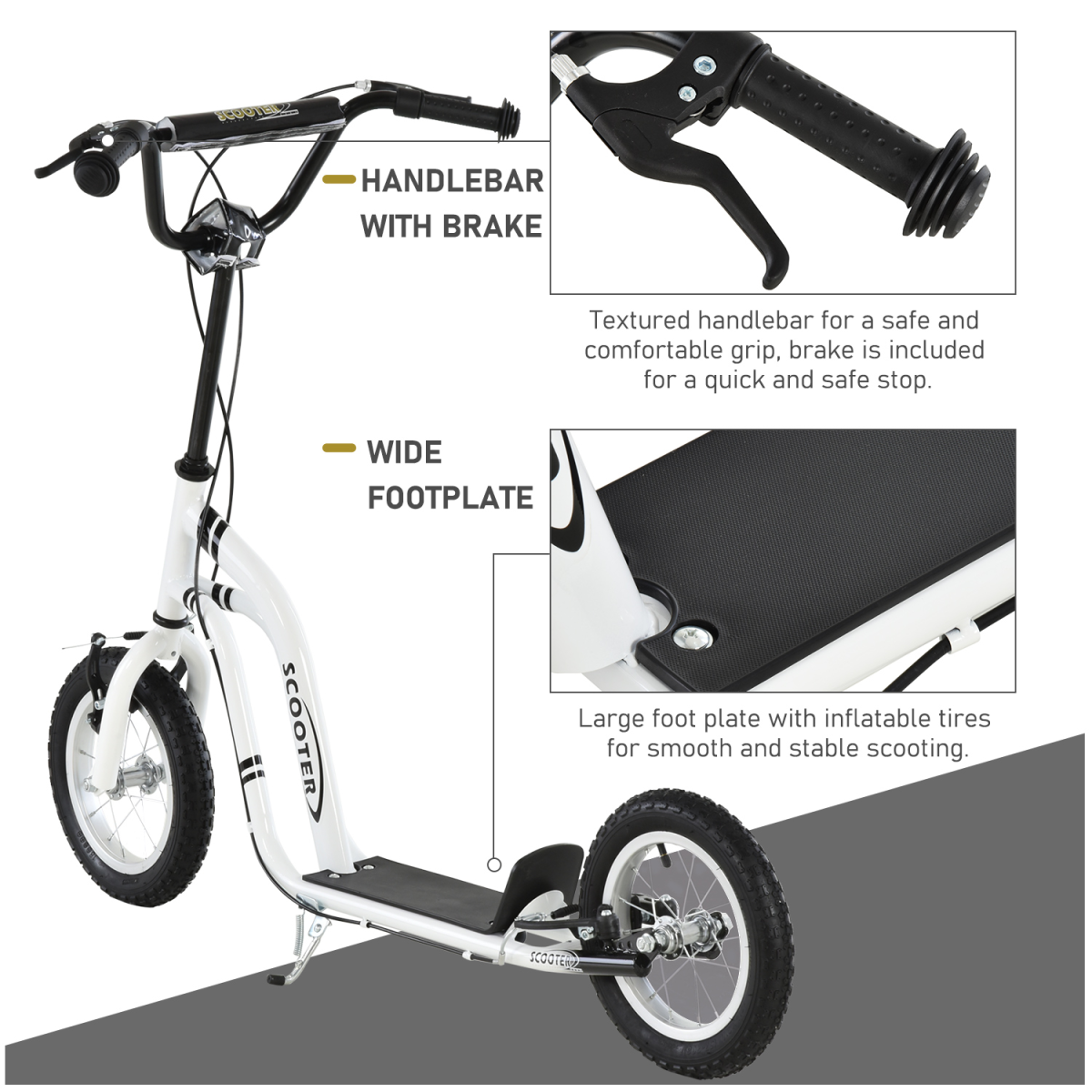 Kids Scooter with 12 Inch Inflatable Football-Design Wheels & Adjustable Handlebar – Steel Frame, Ages 5+, White