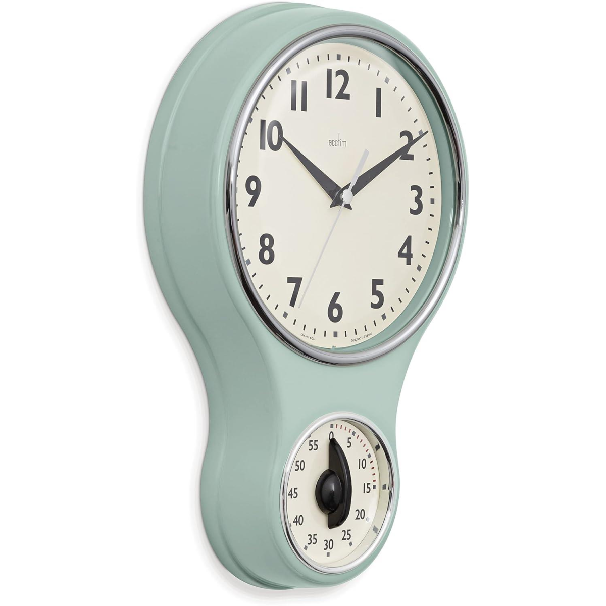 Acctim Kitchen Time 20cm Timer Quartz Retro Style Domed Glass Lens Sage Wall Clock