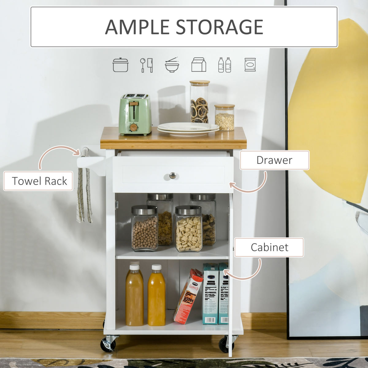 HOMCOM Rolling Kitchen Cart with Drawer & Towel Rail – Mobile Storage on Smooth-Rolling Wheels, White