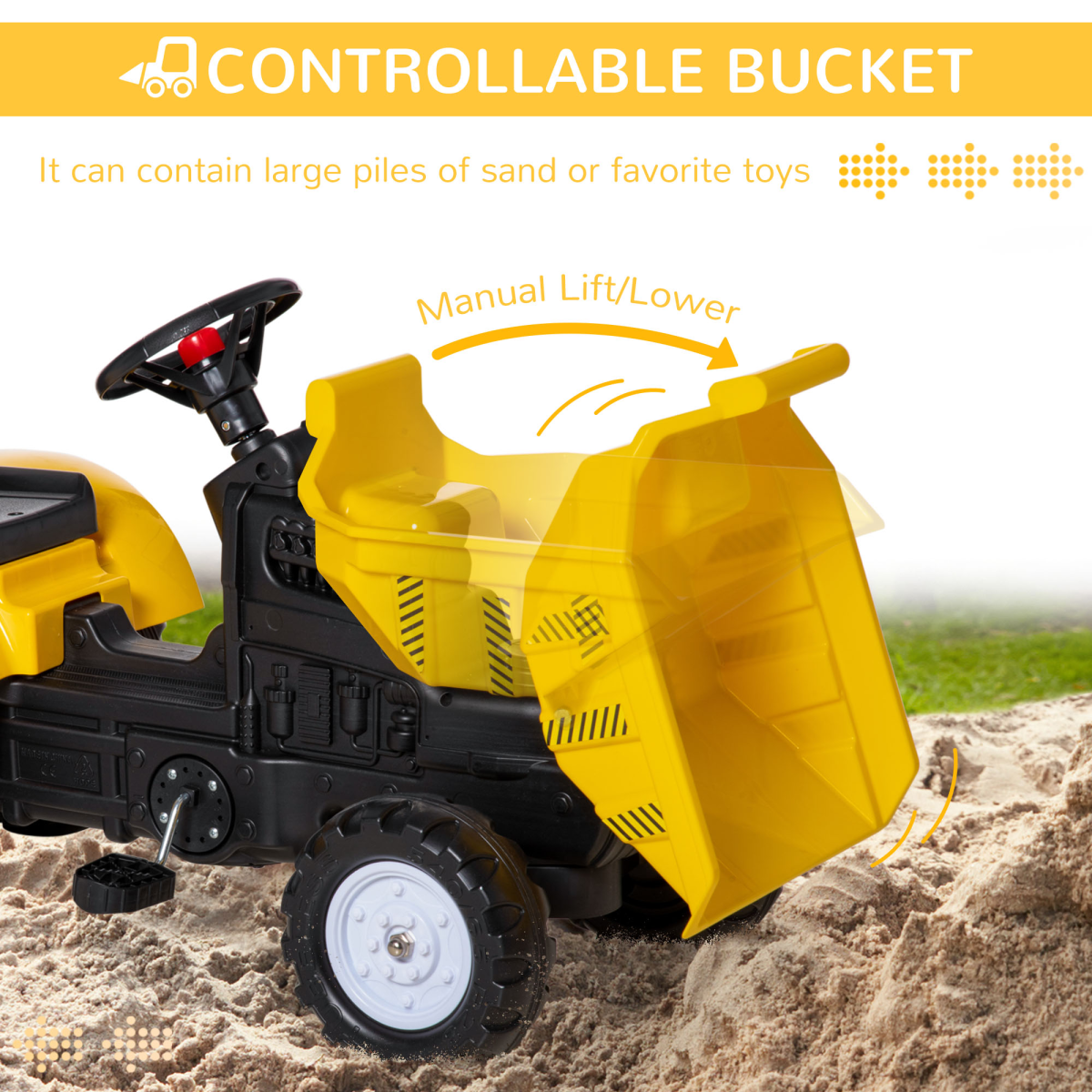 Kids Ride-On Excavator with Working Bucket, Tow Hook and Pedal Power – Garden Digger, Yellow