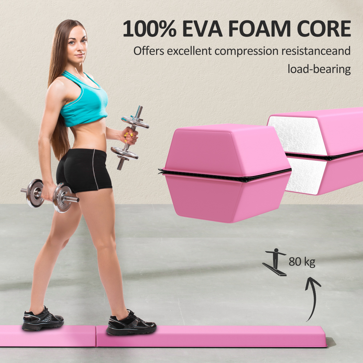 SPORTNOW 7.7FT Folding Gymnastics Balance Beam with EVA Foam Core and Anti-Slip Base – Training Beam, Pink