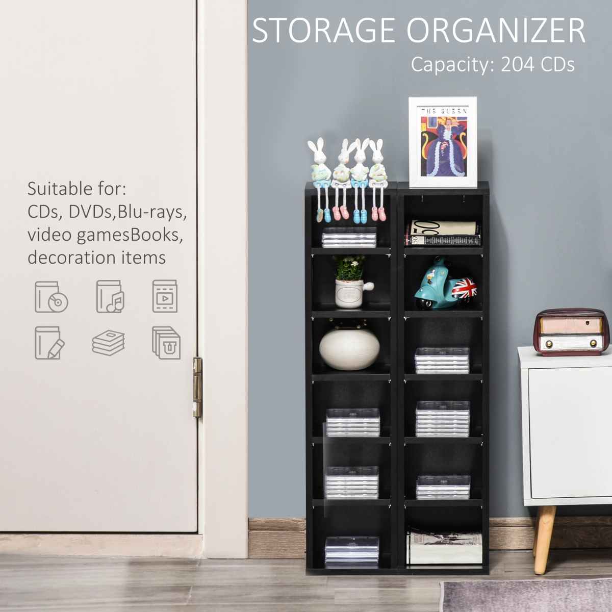 HOMCOM Set of 2 Adjustable CD & Media Tower Display Racks – Slim DVD and Games Storage, Black