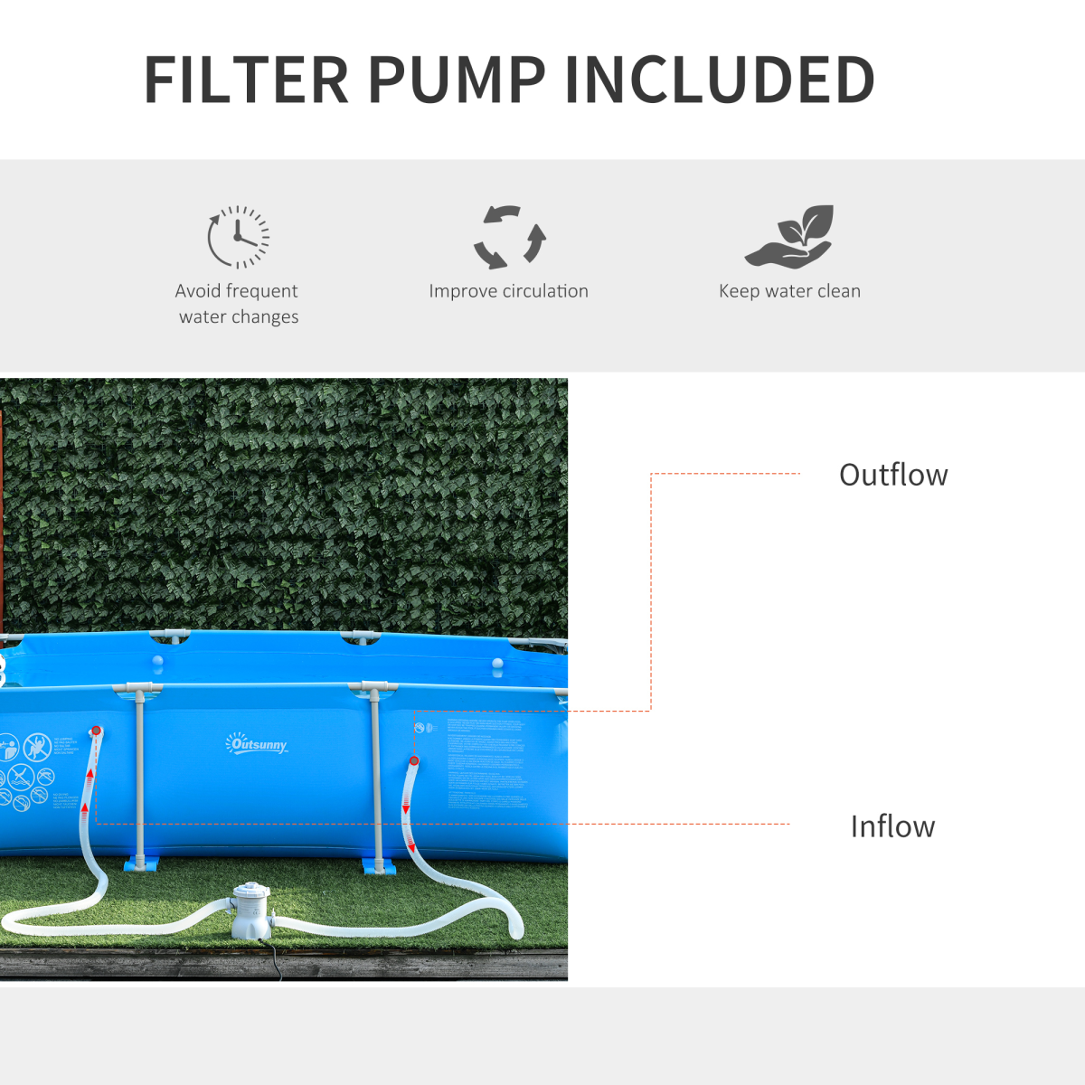 Outsunny Steel Frame Swimming Pool with Filter Pump, 315 x 225 x 75cm – Garden Family Pool, Blue