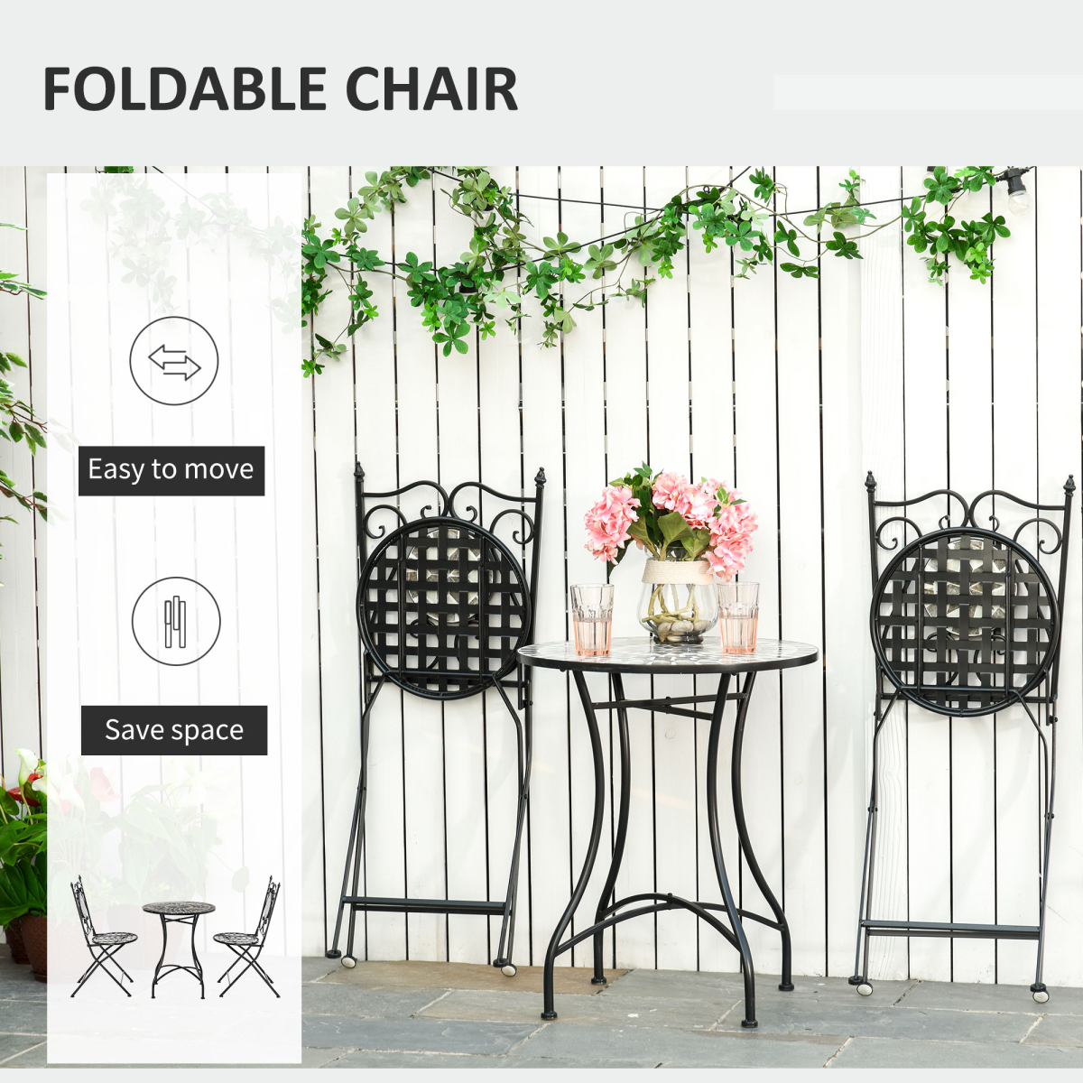 Outsunny 3-Piece Mosaic Tile Bistro Set with Folding Chairs – Compact Garden Patio Table and Chairs