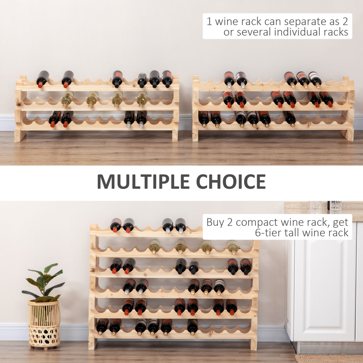 HOMCOM 36 Bottle Fir Wood Wine Rack, Three Tiers – Freestanding Kitchen & Dining Room Storage