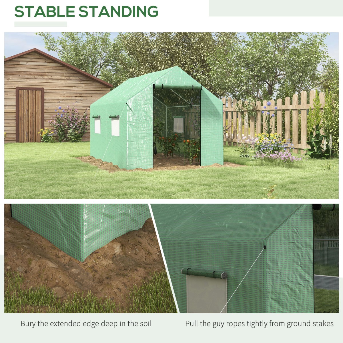 Walk-in Greenhouse with Roll-up Door & Mesh Windows – Galvanised Steel Frame Grow House, 200 x 300 x 200cm, Green