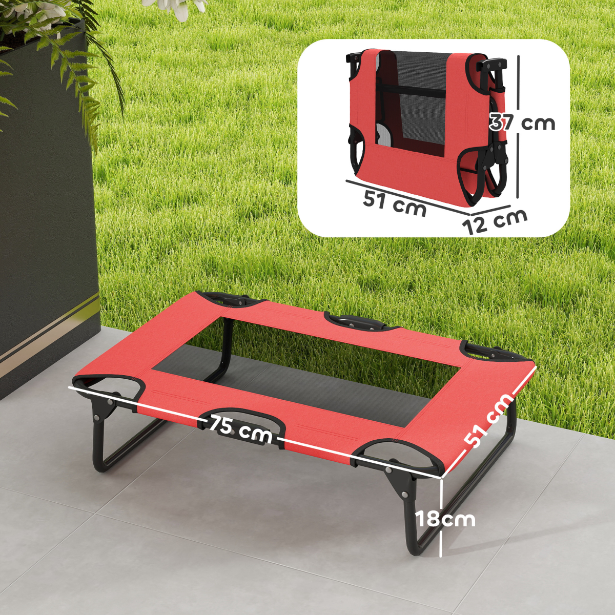 Foldable Elevated Dog Bed with Breathable Texteline Mesh & Steel Frame – Raised Pet Bed for Small to Medium Dogs, Red