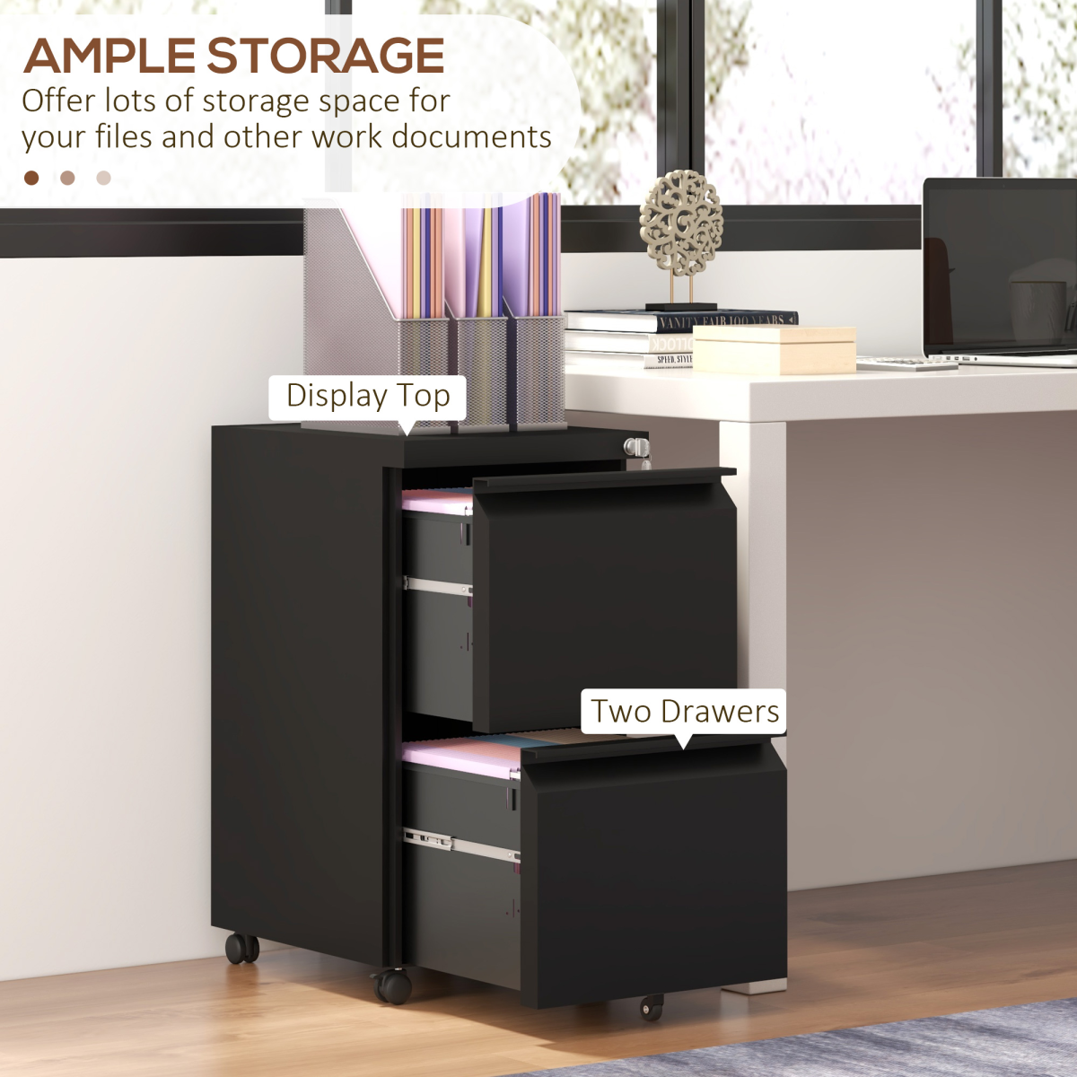 Vinsetto 2 Drawer Lockable Steel File Cabinet with Hanging Bar – Home Office Filing Storage, Black