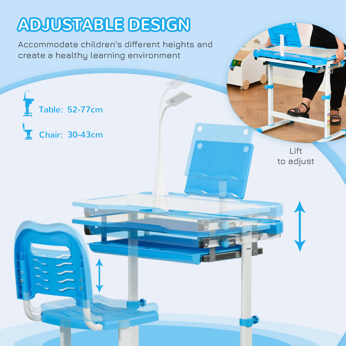 HOMCOM Kids Study Desk and Chair Set with USB Lamp, Tiltable Tabletop and Adjustable Height, Blue