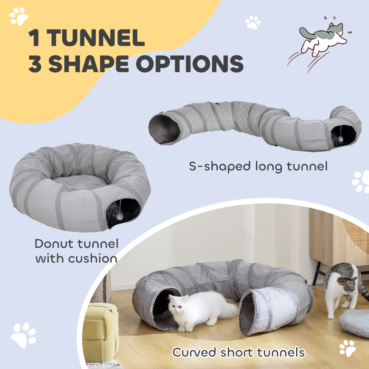 PawHut 2-in-1 Cat Tunnel with Bed, Zip-Together Play Tunnel with Hanging Toy Ball for Indoor Cats, Grey