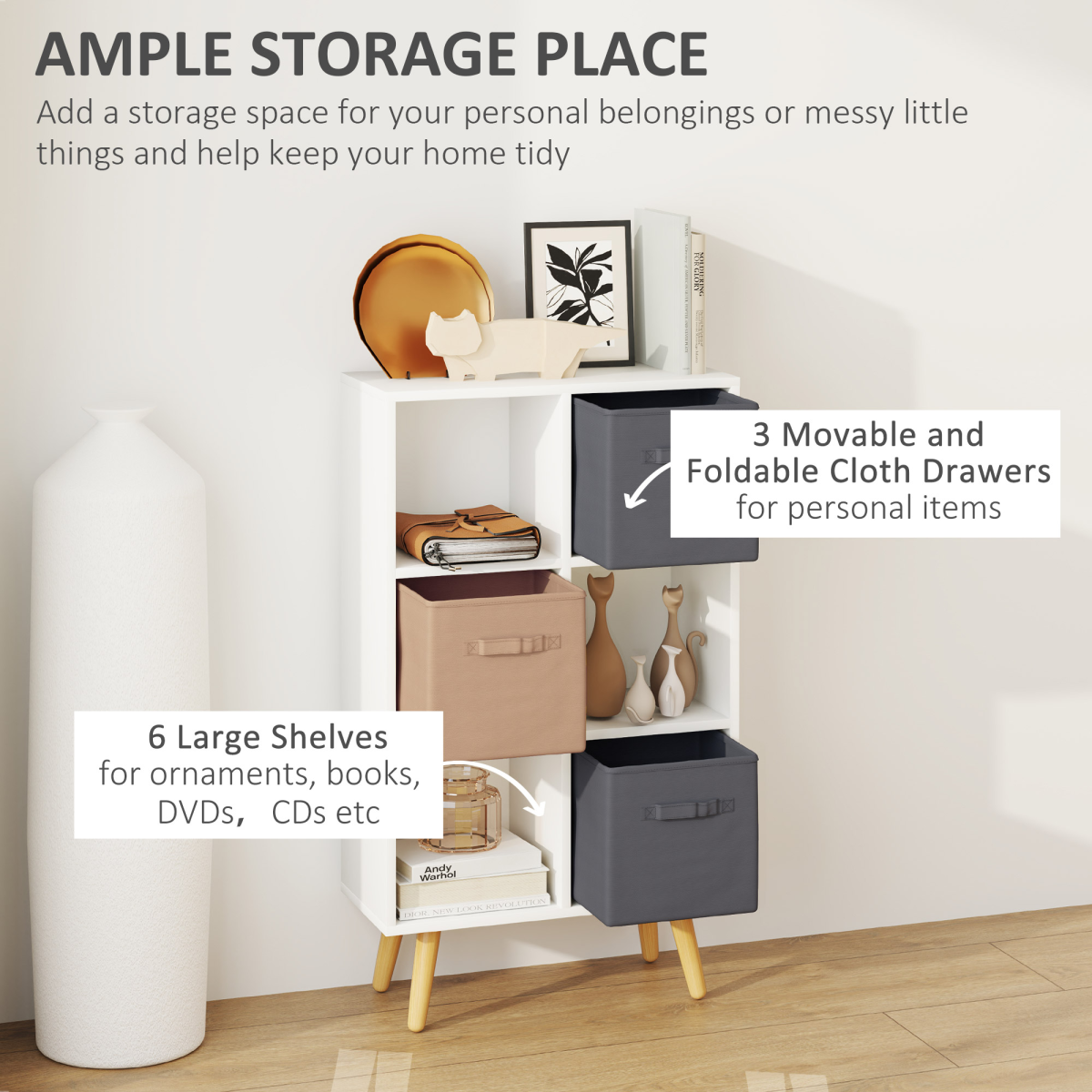 HOMCOM Freestanding 6 Cube Storage Bookcase with 3 Fabric Drawers – Bedroom, Dining Room, Office, White