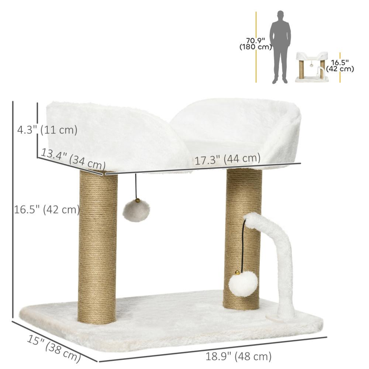 Cat Tree with Plush Perch, Jute Scratching Post and Hanging Balls – Compact Cat Tower, White