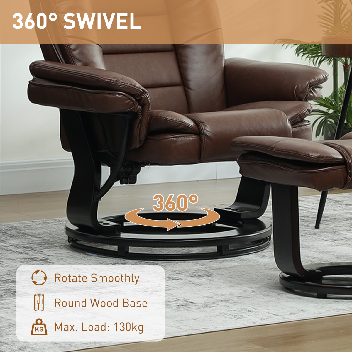 Swivel Recliner Chair with Footstool, 135° Reclining Back & Faux Leather – Padded Armchair Set, Dark Brown