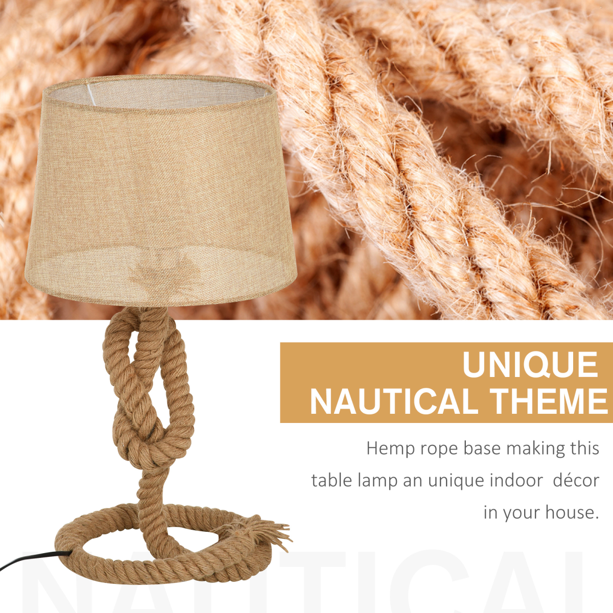 HOMCOM Hemp Rope Table Lamp with Linen Shade – Beige
