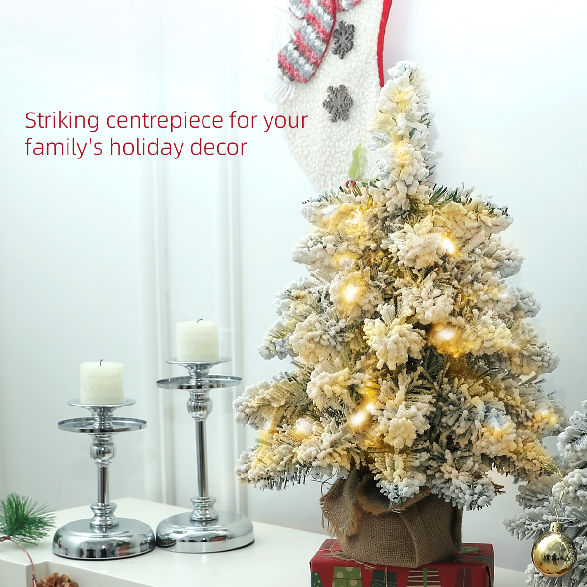 HOMCOM Set of 2 Mini Artificial Christmas Trees with Warm White LEDs – Flocked Tabletop Xmas Trees, Green