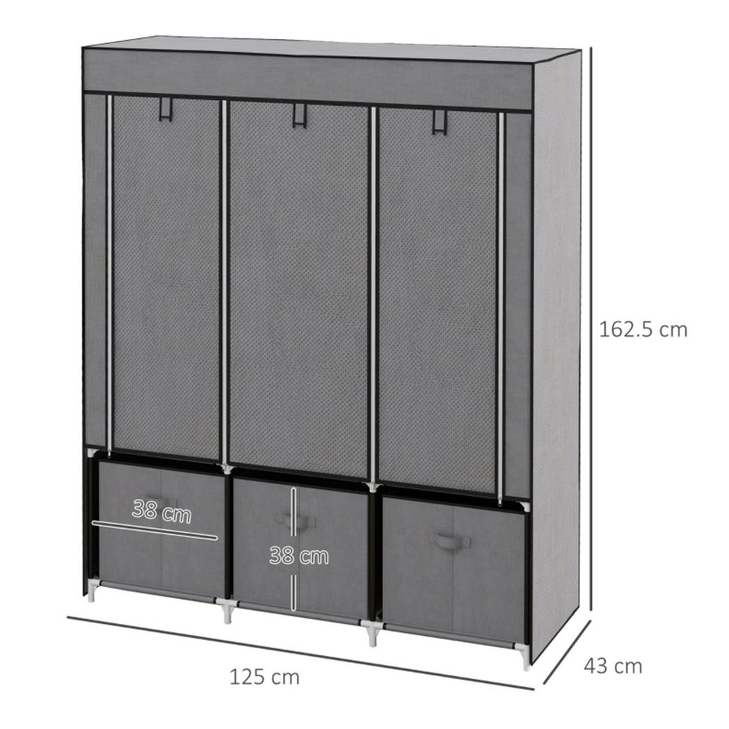 Chester Portable Wardrobe with 2 Hanging Rods, 5 Shelves & 3 Fabric Drawers – Steel Frame Clothes Storage