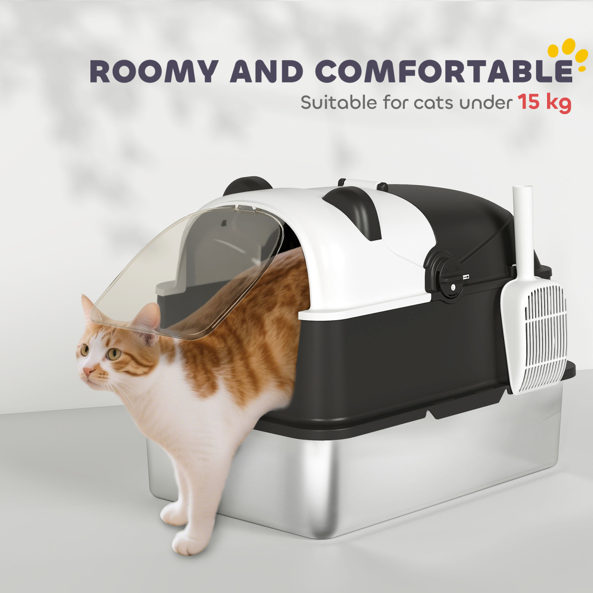 PawHut XL Stainless Steel Cat Litter Box with Flip-Top Lid and Scoop – Enclosed Panda-Style Tray, Black