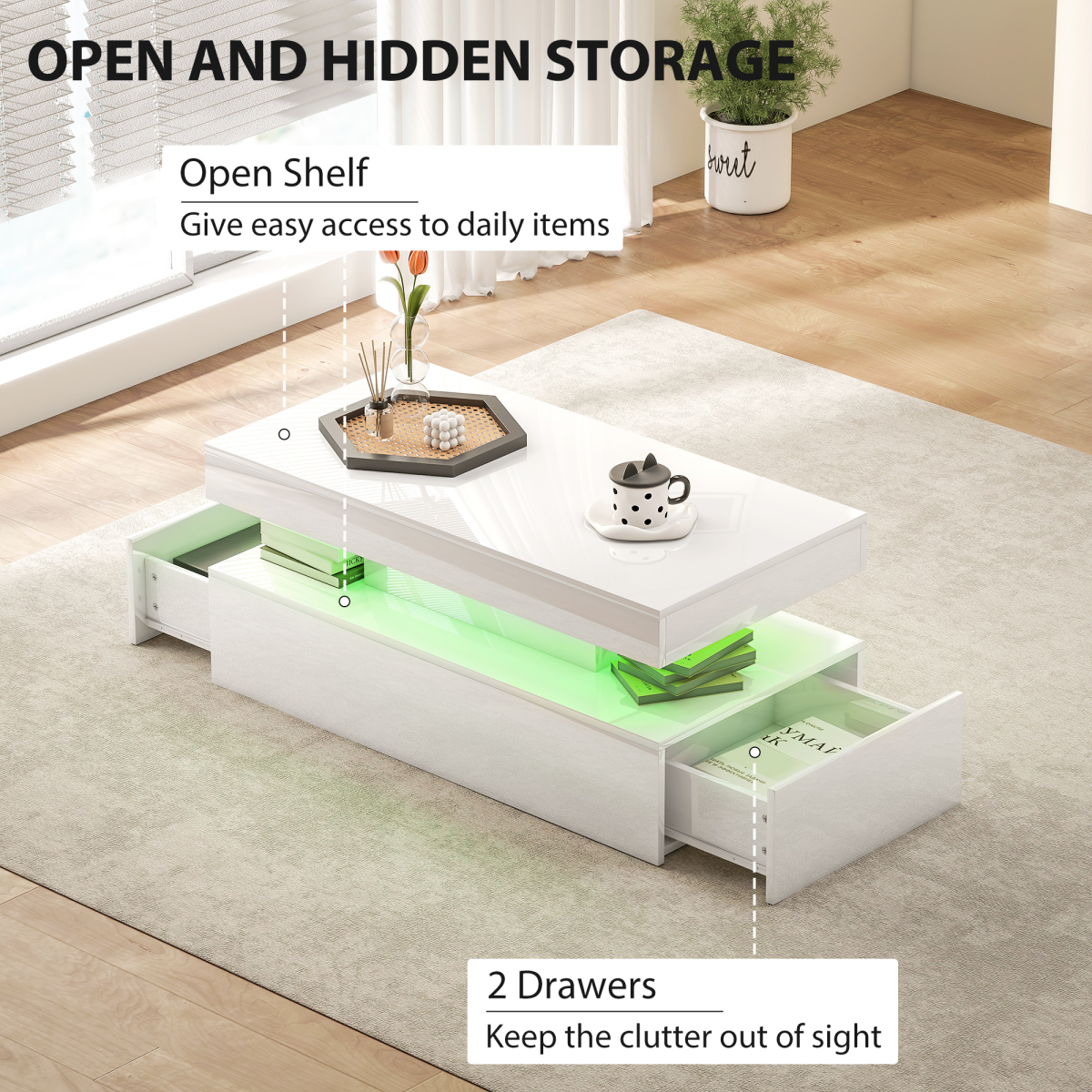 HOMCOM LED Coffee Table with Storage Drawers & Open Shelf, Remote Control – High Gloss Living Room Table, White
