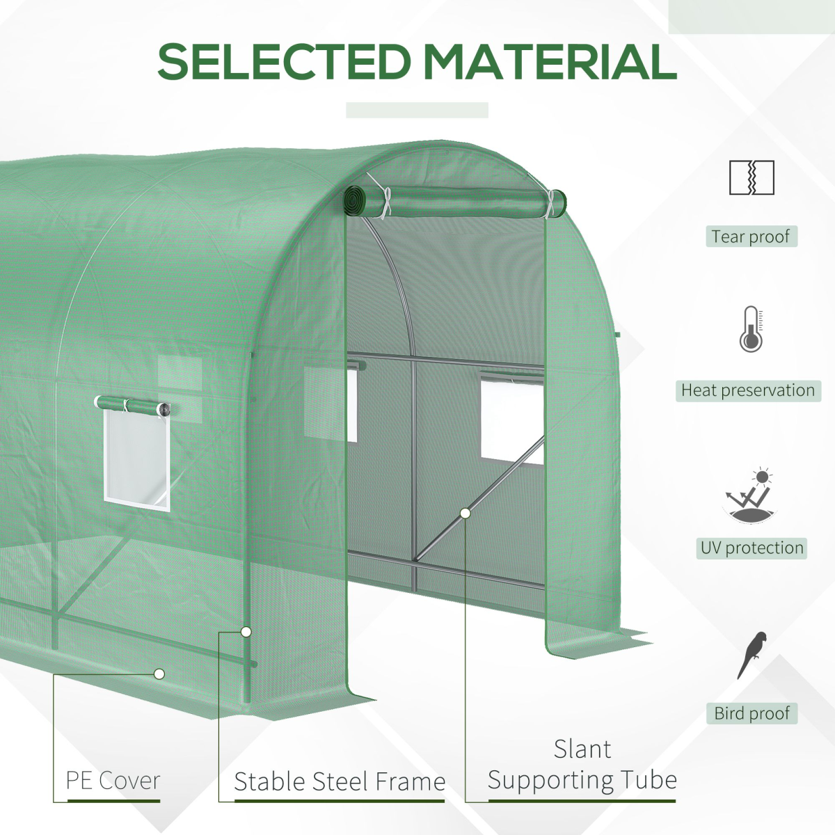 Walk-in Tunnel Greenhouse with 6 Windows & Zipped Roll-up Door – Steel Frame, 11.5 x 6.6 x 6.6ft, Deep Green