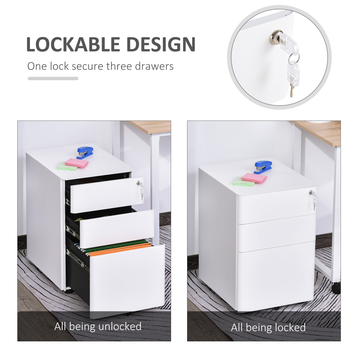 3-Drawer Lockable Mobile Metal Filing Cabinet with Wheels – Under-Desk Office Storage, White