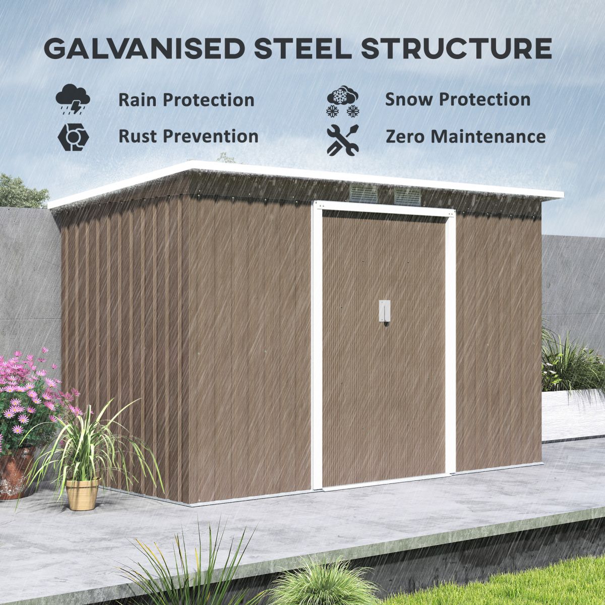 Outsunny 9 x 4ft Metal Garden Storage Shed with Lockable Sliding Double Doors & Vents – Light Grey Wood Grain