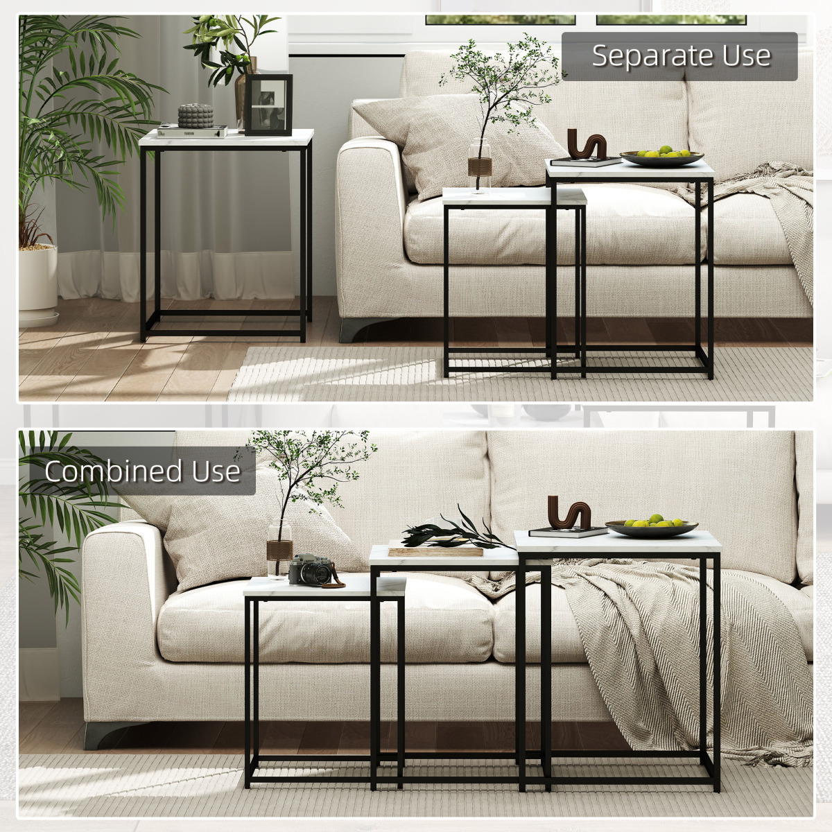 HOMCOM Nesting Coffee Tables Set of 3 with Marble-Effect Tops and Steel Frames – Sofa Side Tables, White
