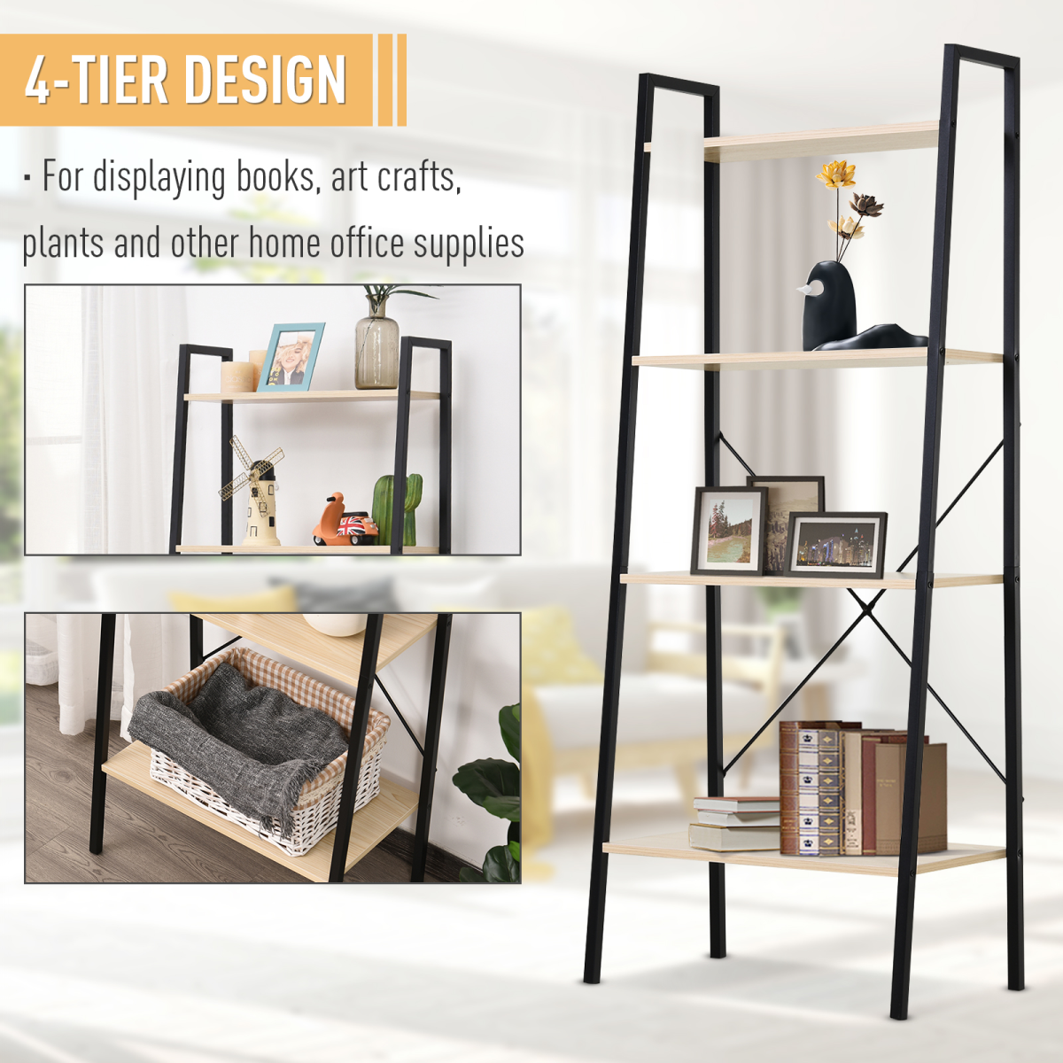 4-Tier Minimalist Ladder Shelf Unit with Steel Frame & MDF Shelves – Home Display Storage Bookcase