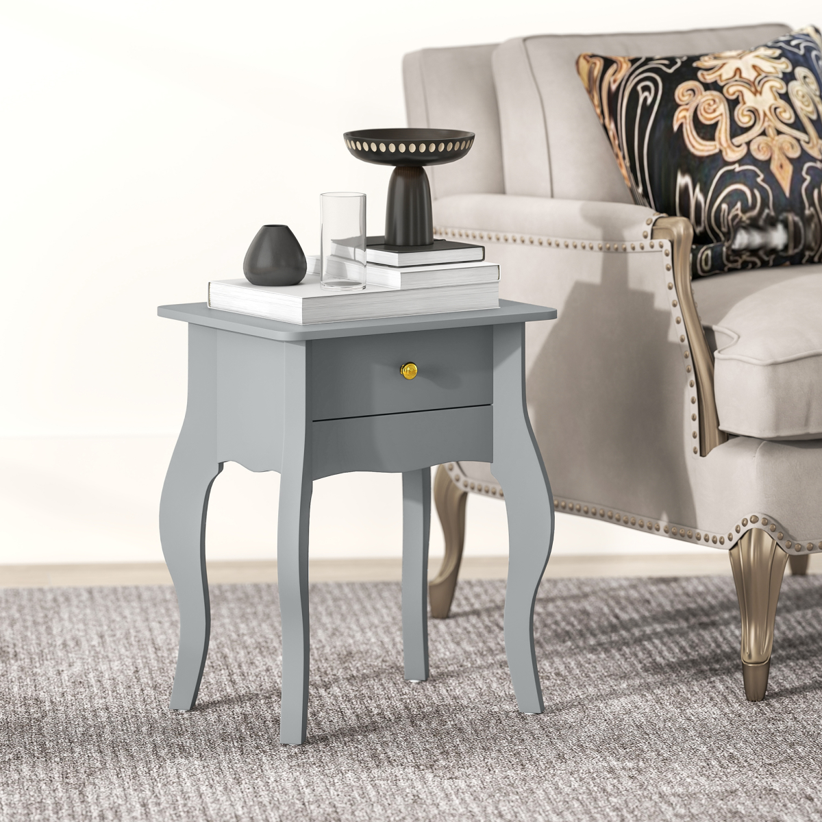 French-Style Side Table with Drawer, Curved Legs & Anti-Tip Strap – Bedside Nightstand & Lamp Table, Grey