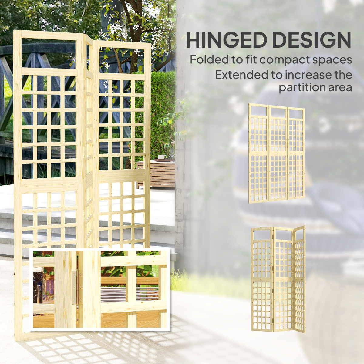 Outsunny 3-Panel Folding Wooden Garden Privacy Screen – Fir Wood Outdoor Divider, Natural Finish
