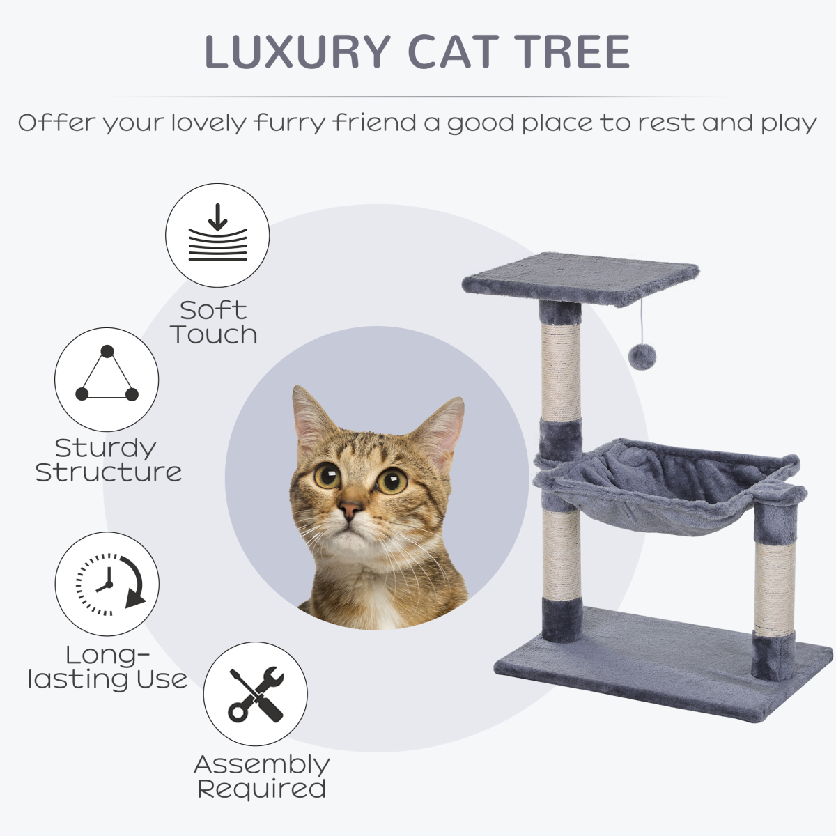 Pawhut 70cm Cat Tree with Sisal Scratching Posts, Hammock and Hanging Ball – Two-Tier Kitten Activity Centre