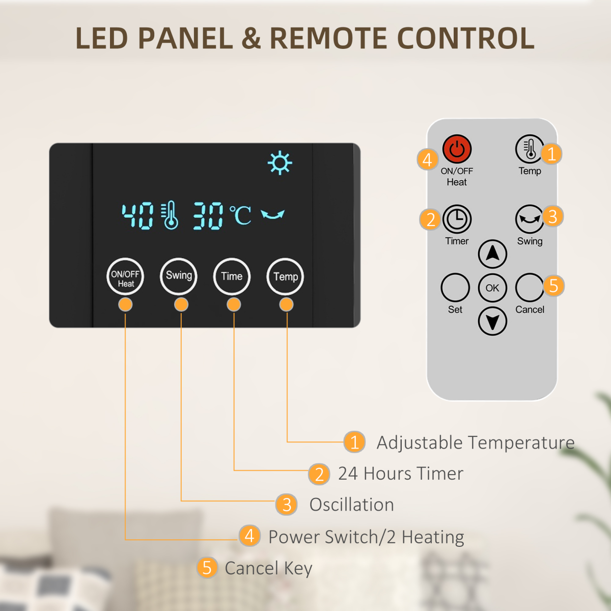 HOMCOM 2000W Wall-Mounted Ceramic Heater with Remote Control – Oscillating, 12-Hour Timer, LED Display, Grey