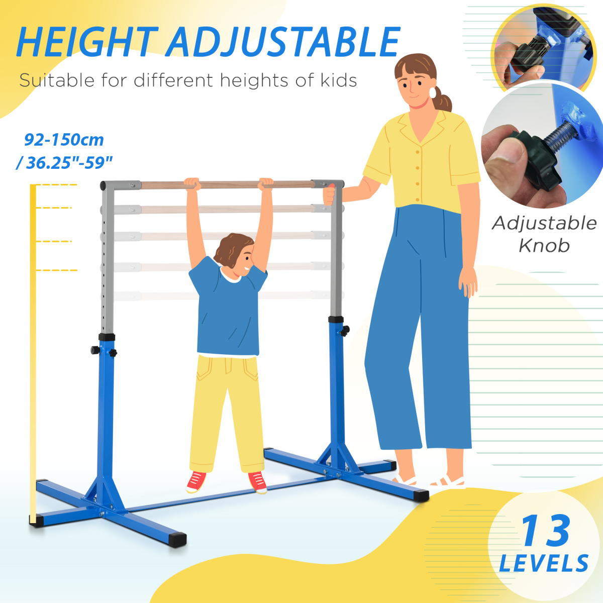 HOMCOM Adjustable Kids Gymnastics Bar with Steel Frame & Beech Wood Bar – Horizontal Training Bar, Blue