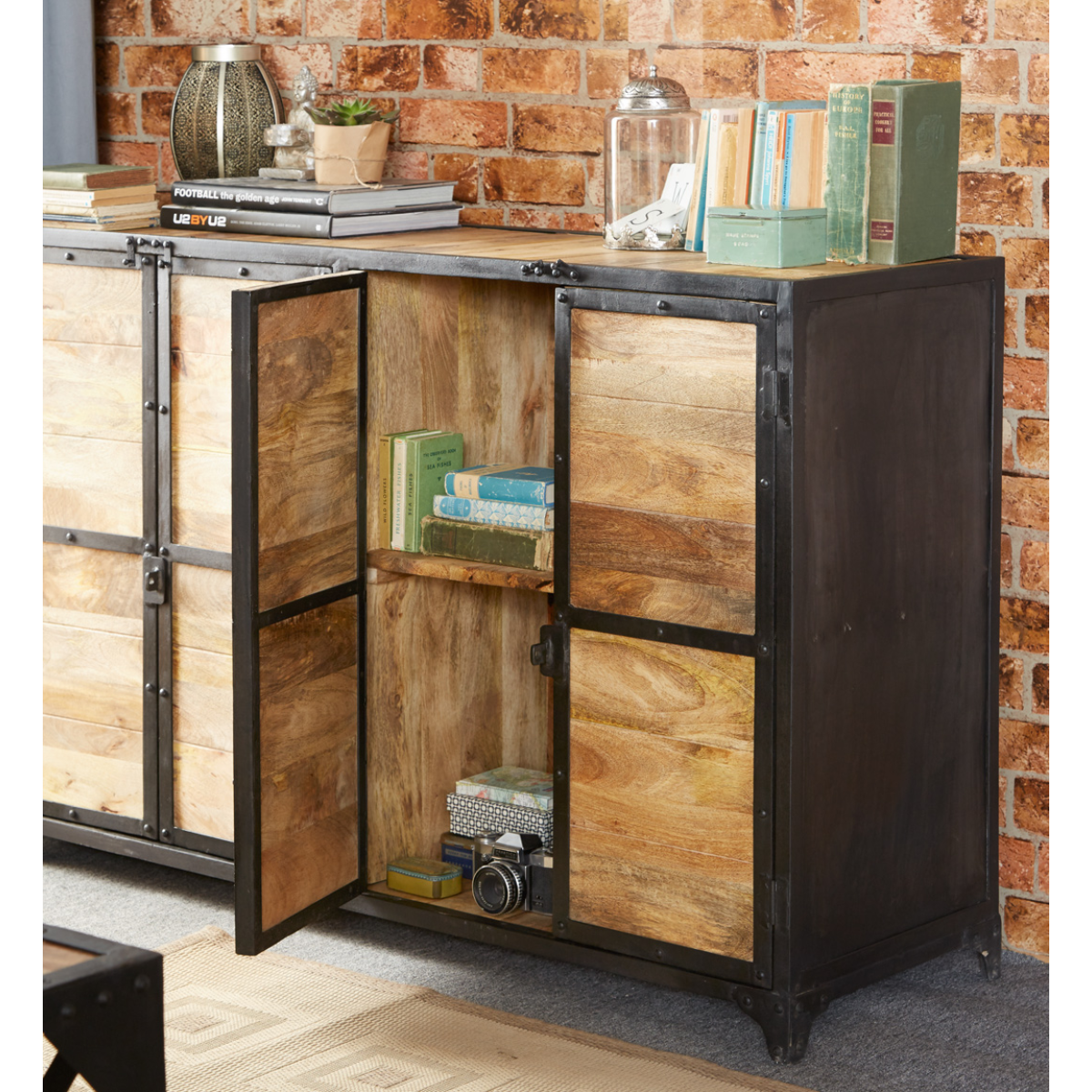 Indian Hub Ascot Large Hand-Crafted Sideboard with Cupboards & Drawers – Distressed Rustic Storage