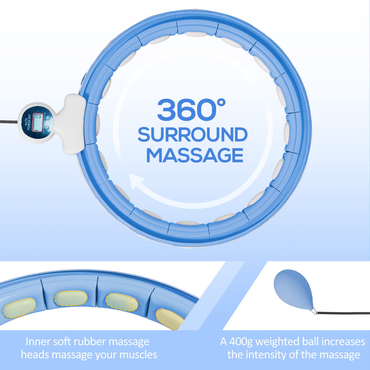 Weighted Hula Hoop with 400g Gravity Ball & Digital Counter – Adjustable Non-Drop Fitness Hoop, Light Blue
